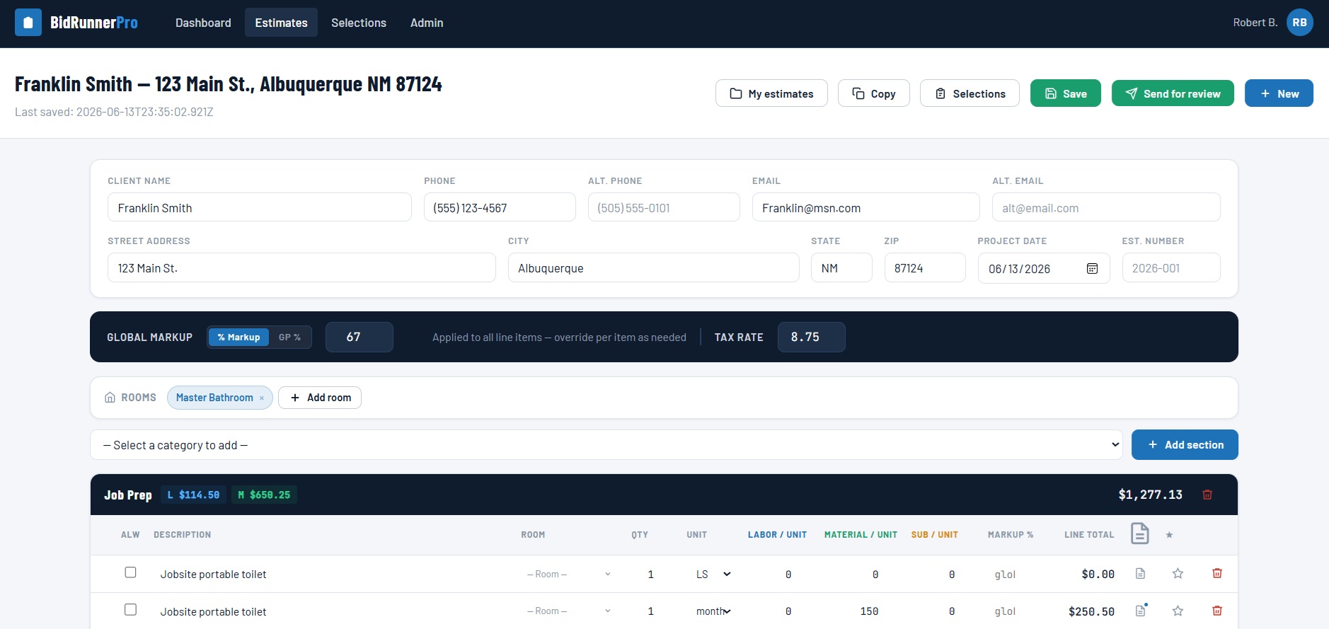 BidRunnerPro estimate builder showing client info, markup settings, and line items